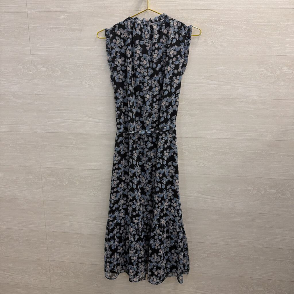 Loft Black/ Blue Floral Print Tie Waist Midi Dress Small