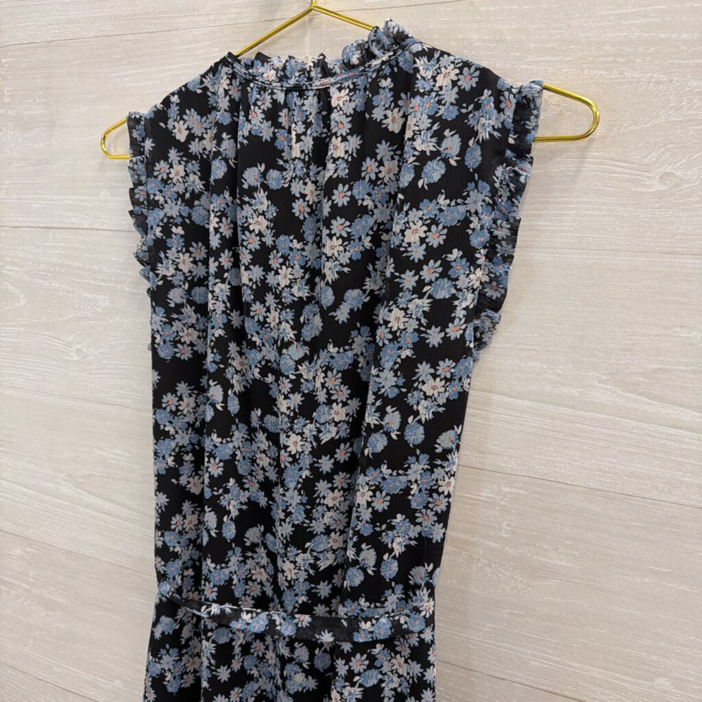 Loft Black/ Blue Floral Print Tie Waist Midi Dress Small