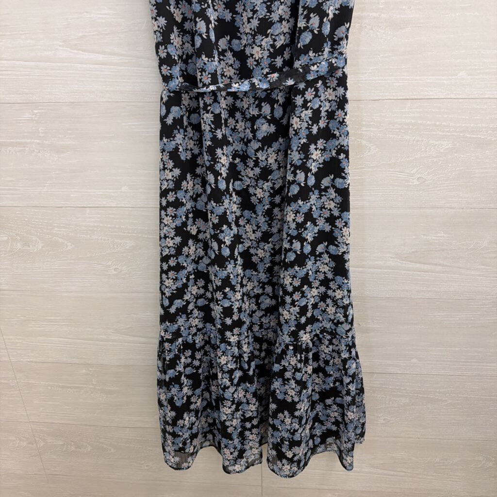 Loft Black/ Blue Floral Print Tie Waist Midi Dress Small