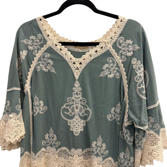 Democracy Blue/ Cream Embroidered Crochet Long Sleeve Top Small