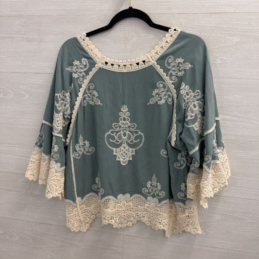 Democracy Blue/ Cream Embroidered Crochet Long Sleeve Top Small