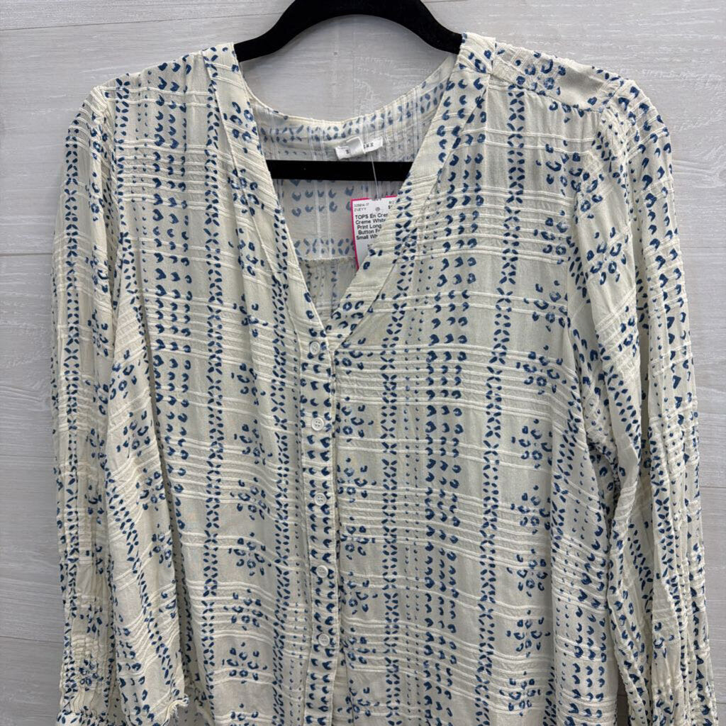 En Creme White/ Blue Print Long Sleeve Button Front Top Small