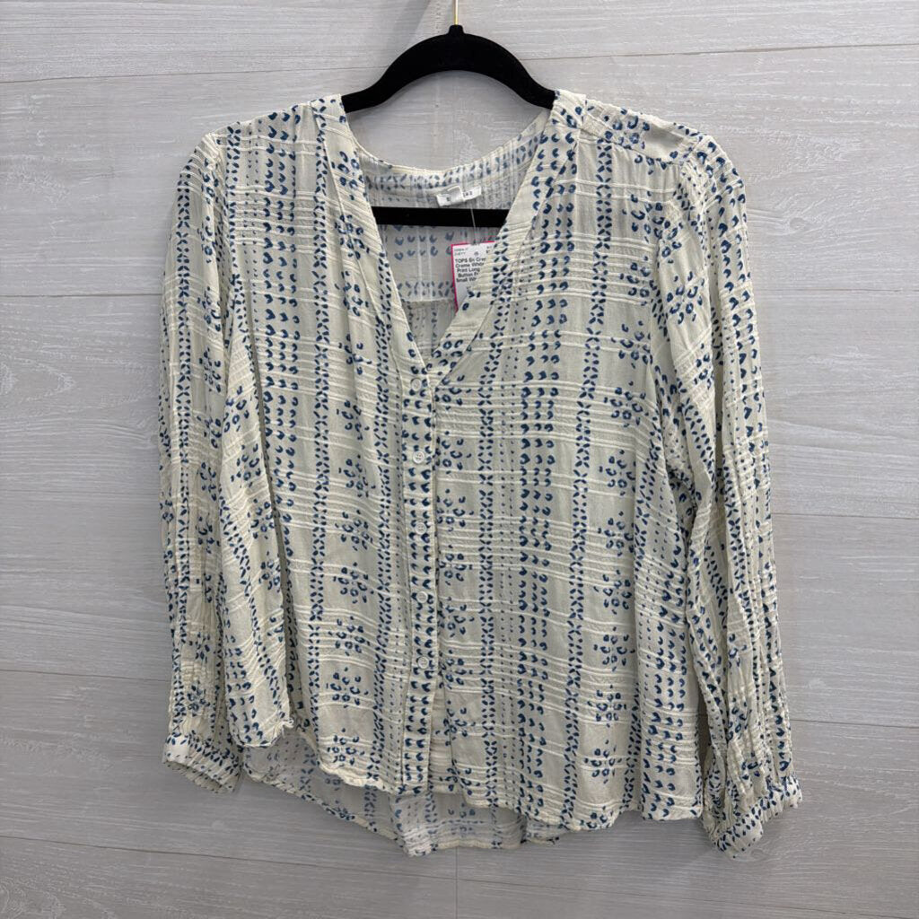 En Creme White/ Blue Print Long Sleeve Button Front Top Small