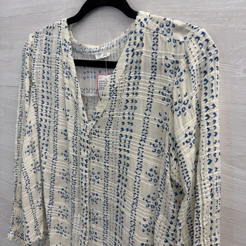 En Creme White/ Blue Print Long Sleeve Button Front Top Small