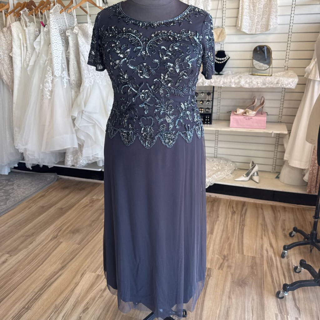 Oleg Cassini Charcoal Beaded Short Sleeve Formal Gown