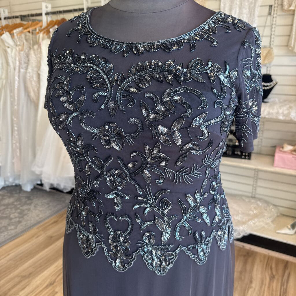 Oleg Cassini Charcoal Beaded Short Sleeve Formal Gown