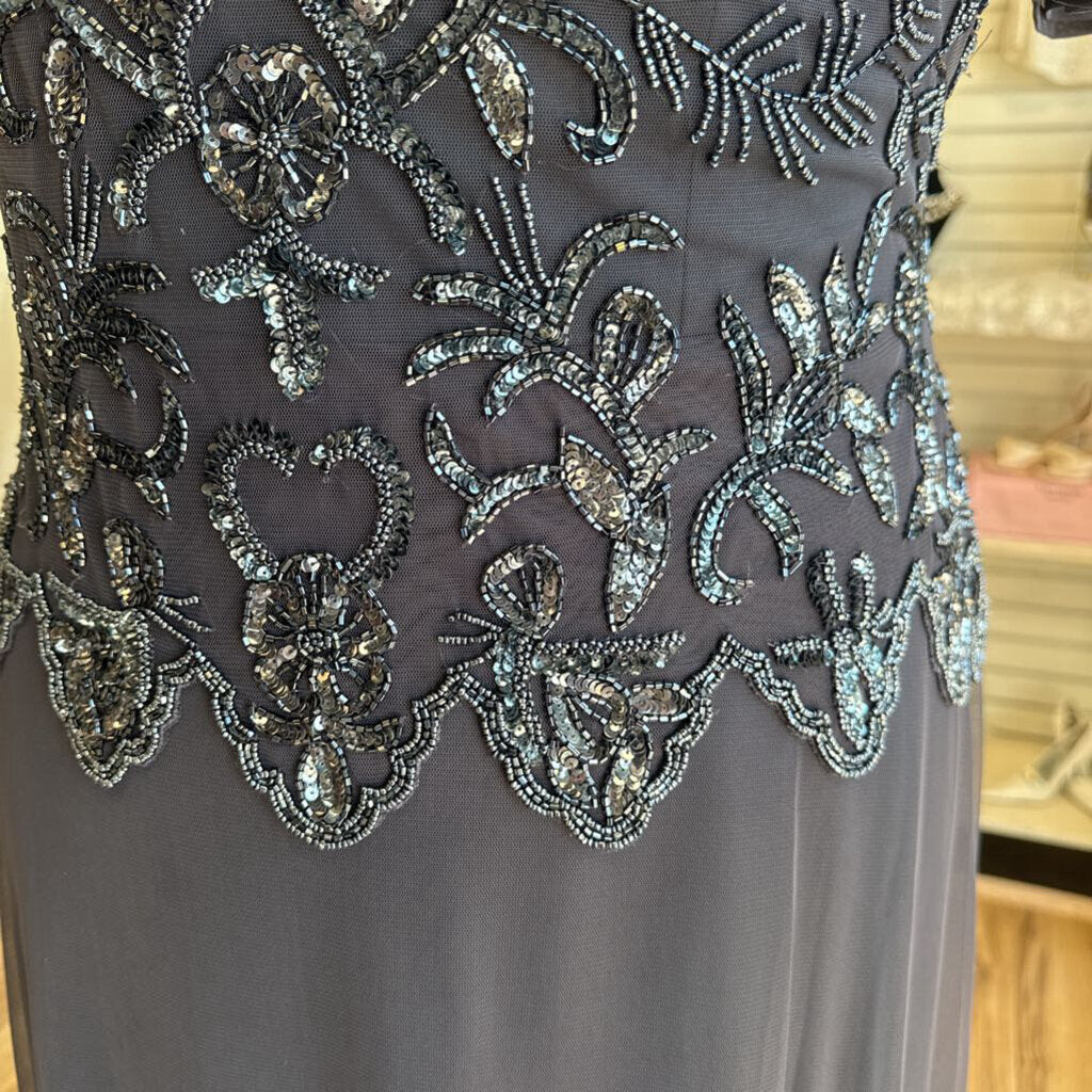 Oleg Cassini Charcoal Beaded Short Sleeve Formal Gown