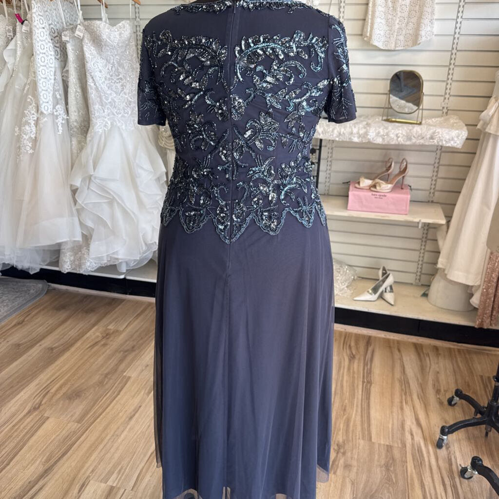 Oleg Cassini Charcoal Beaded Short Sleeve Formal Gown