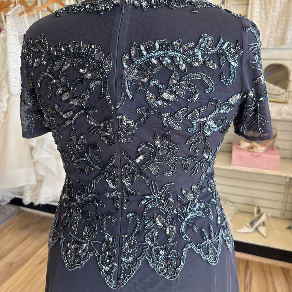 Oleg Cassini Charcoal Beaded Short Sleeve Formal Gown
