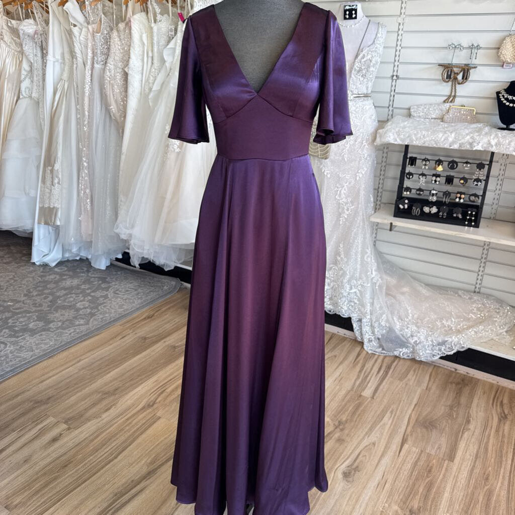 Galina Signature Plum Charmeuse Flutter Sleeve A-line Gown 4
