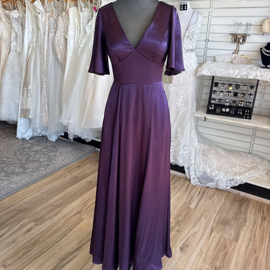 Galina Signature Plum Charmeuse Flutter Sleeve A-line Gown 4
