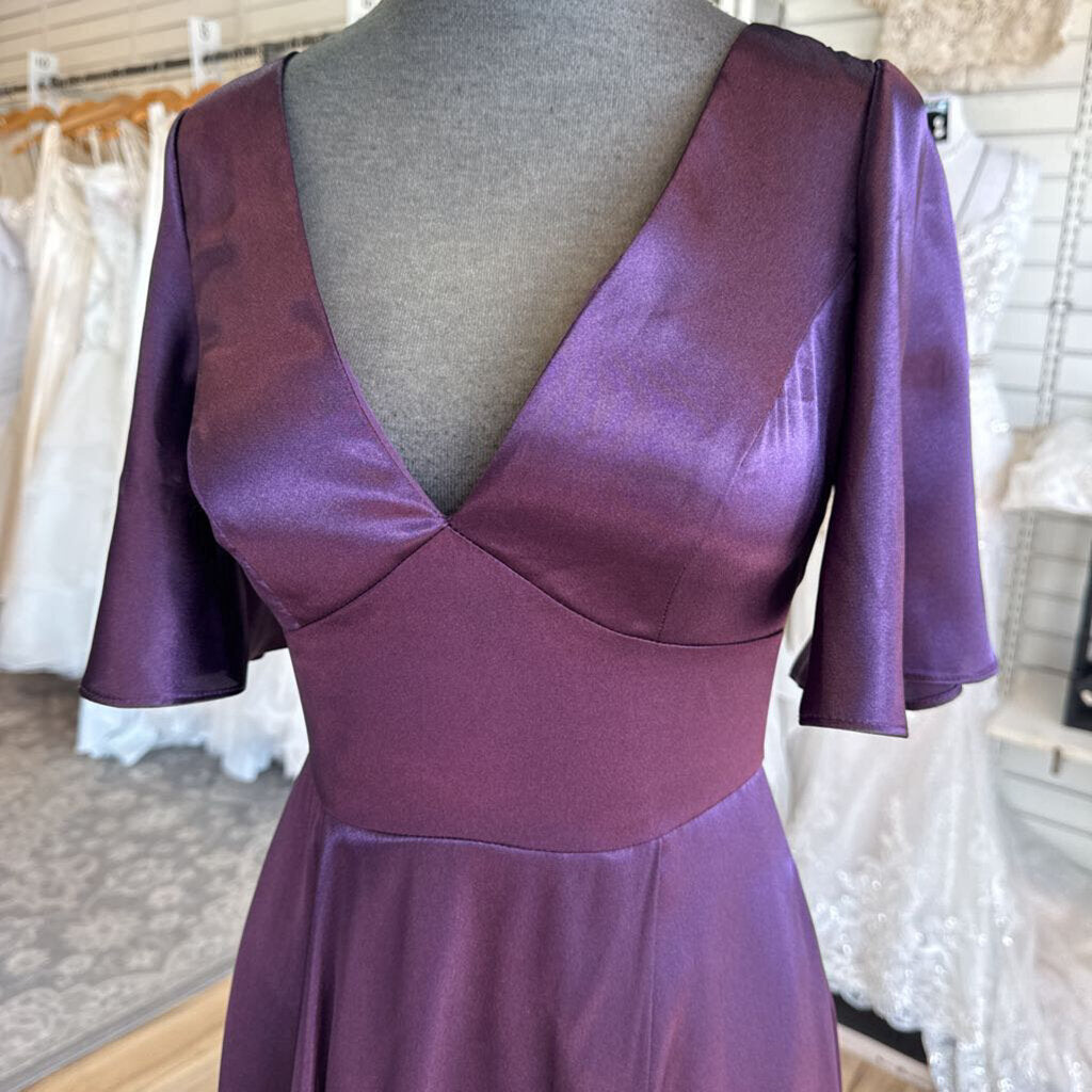 Galina Signature Plum Charmeuse Flutter Sleeve A-line Gown 4