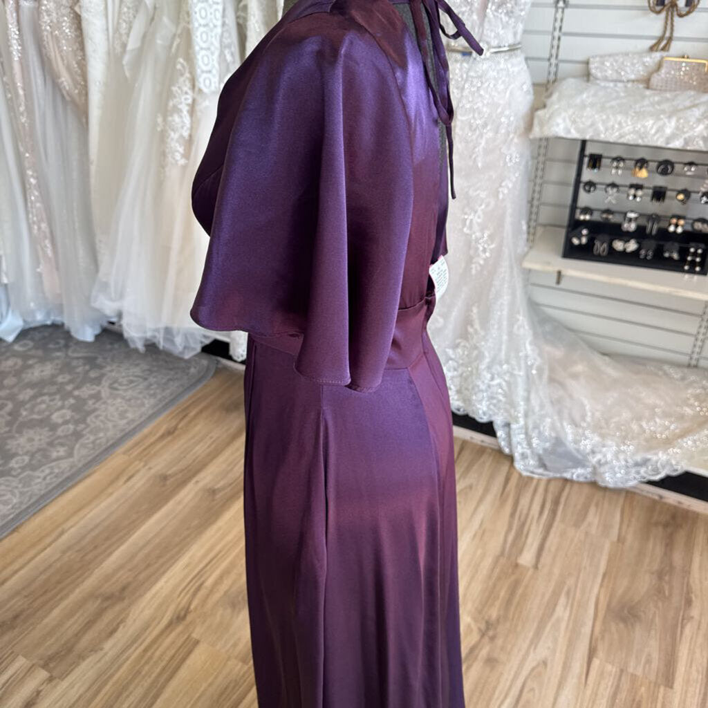 Galina Signature Plum Charmeuse Flutter Sleeve A-line Gown 4