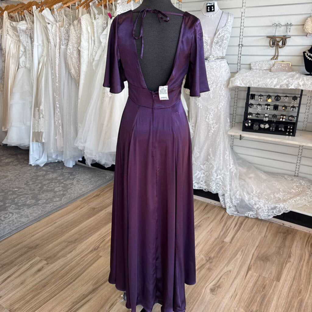 Galina Signature Plum Charmeuse Flutter Sleeve A-line Gown 4