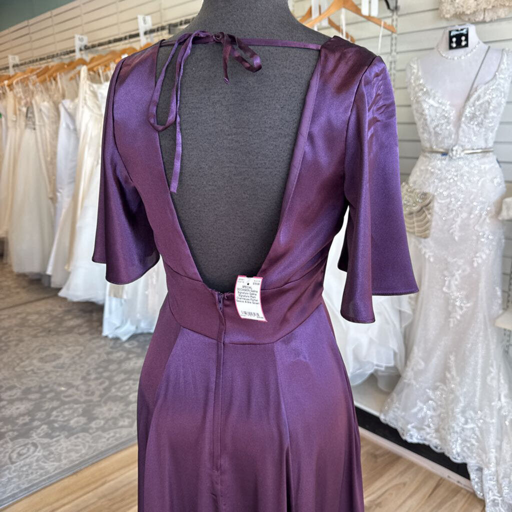 Galina Signature Plum Charmeuse Flutter Sleeve A-line Gown 4