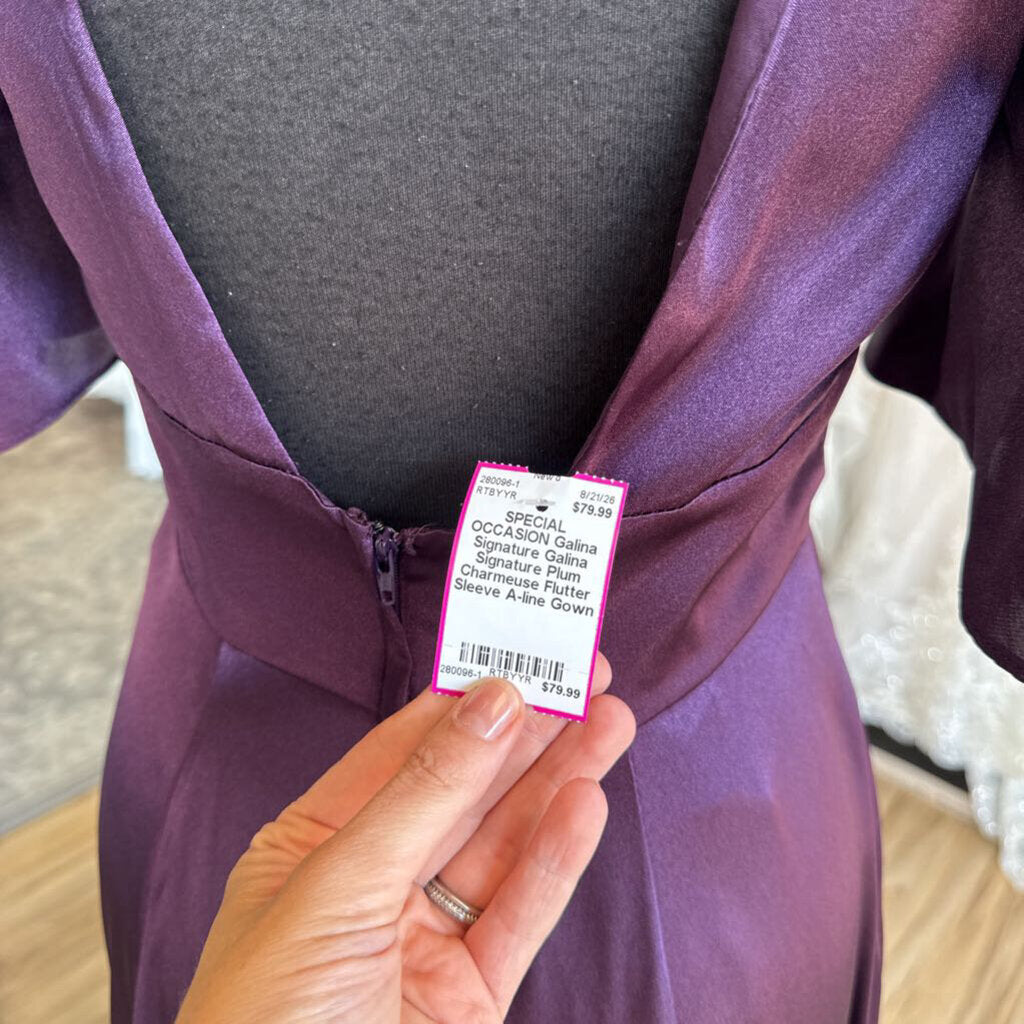 Galina Signature Plum Charmeuse Flutter Sleeve A-line Gown 4