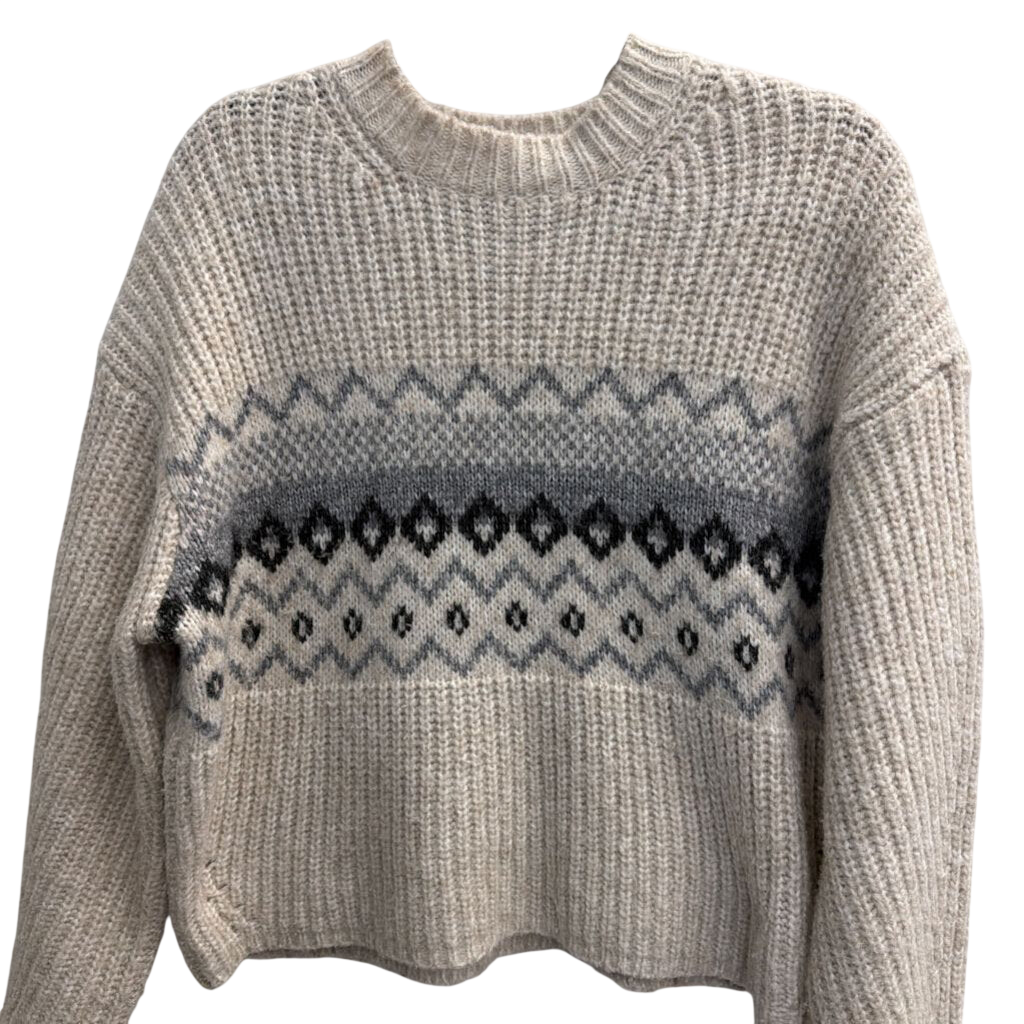 Pull and Bear Beige/ Grey Print Knit Crewneck Sweater Medium