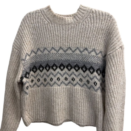 Pull and Bear Beige/ Grey Print Knit Crewneck Sweater Medium