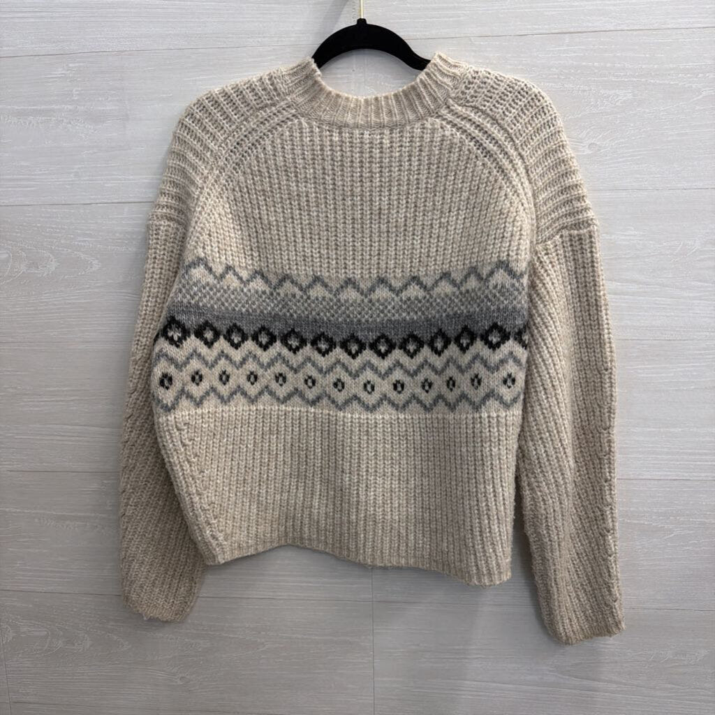 Pull and Bear Beige/ Grey Print Knit Crewneck Sweater Medium