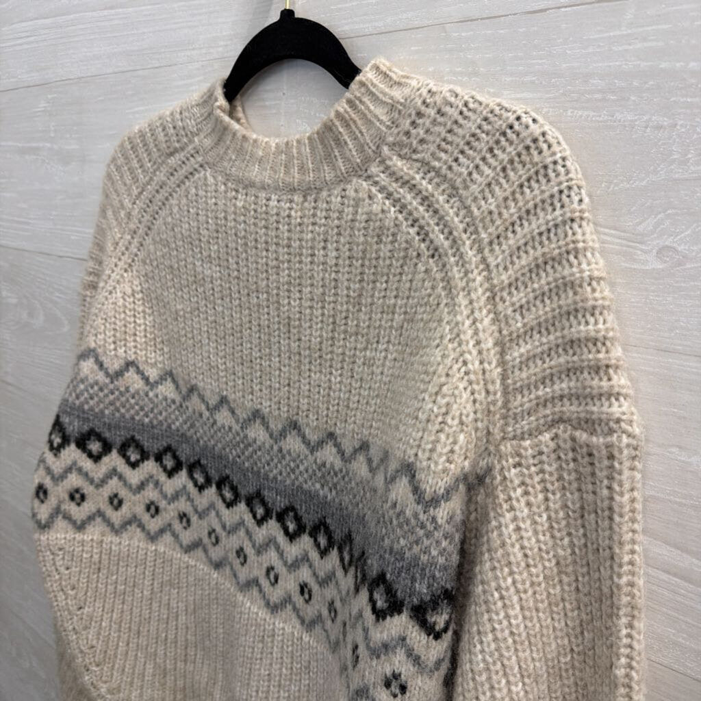 Pull and Bear Beige/ Grey Print Knit Crewneck Sweater Medium