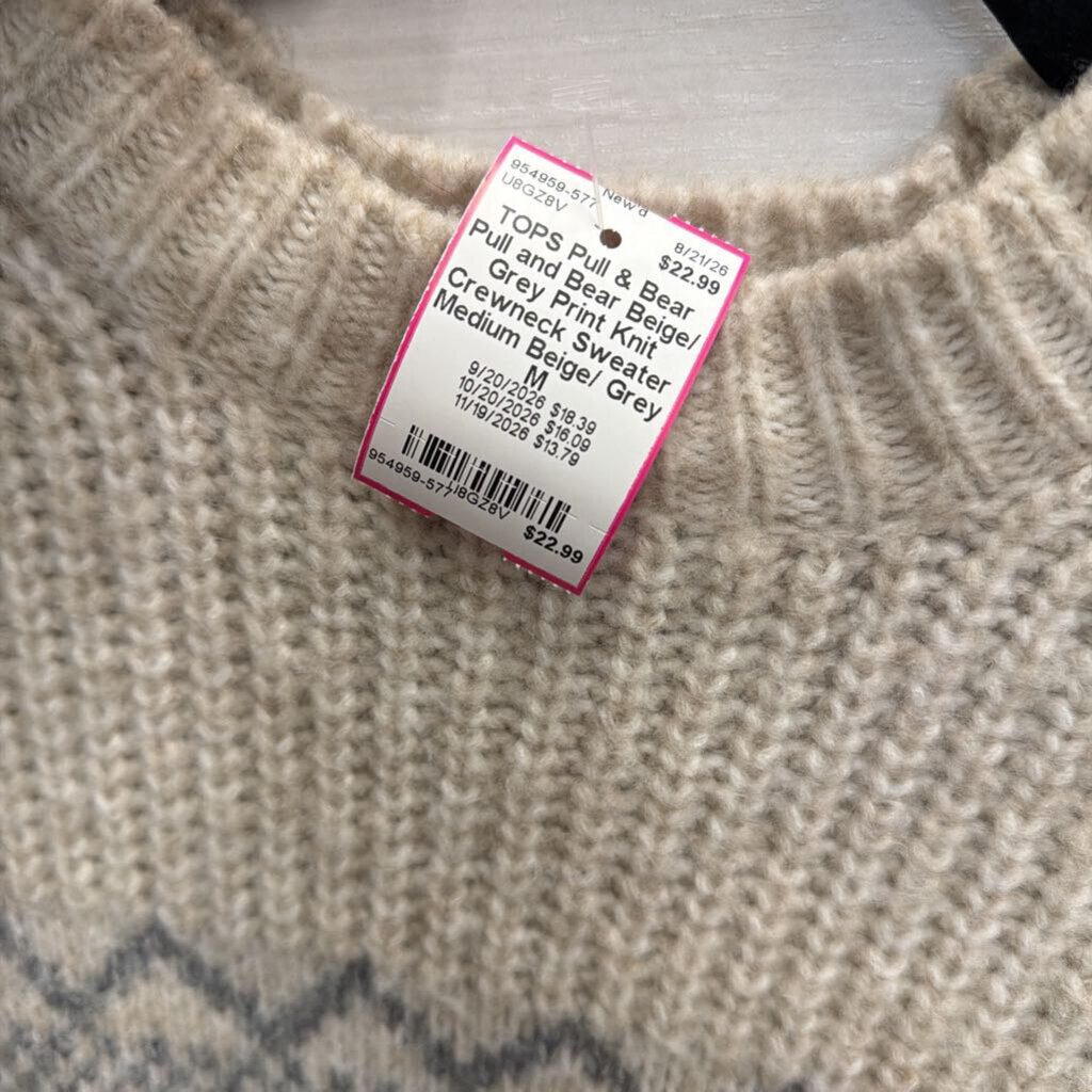 Pull and Bear Beige/ Grey Print Knit Crewneck Sweater Medium