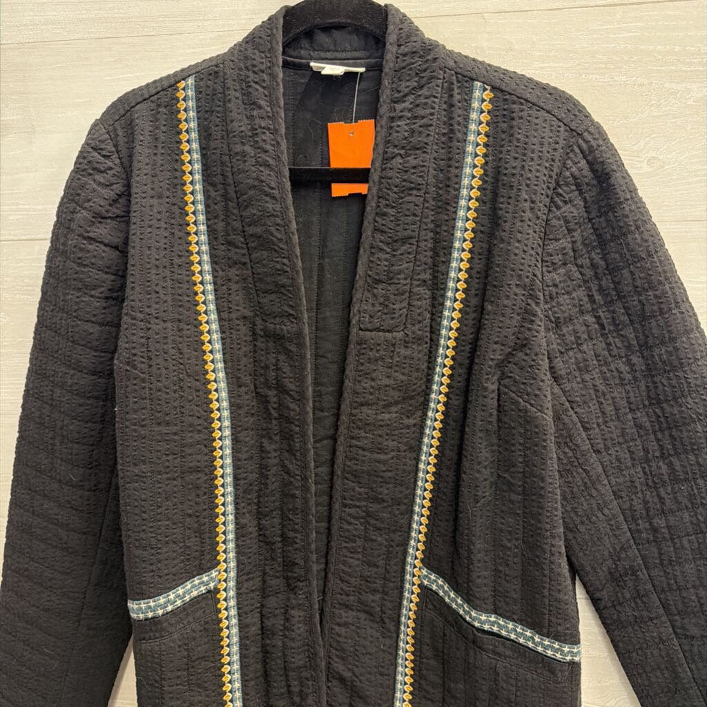 Pure Jill Black Textured Embroidered Detail Open Front Jacket Medium
