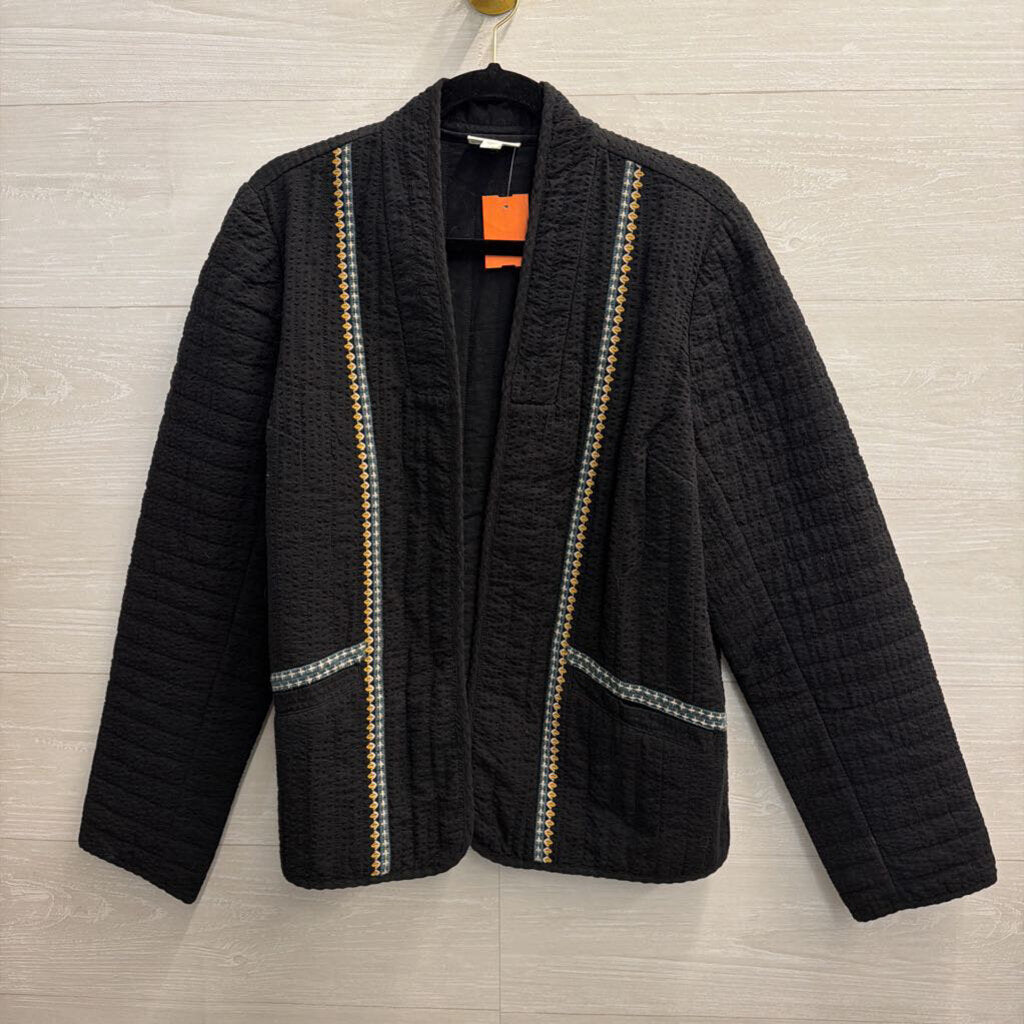 Pure Jill Black Textured Embroidered Detail Open Front Jacket Medium