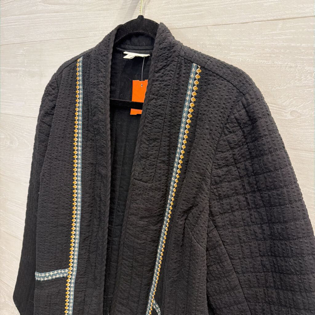 Pure Jill Black Textured Embroidered Detail Open Front Jacket Medium