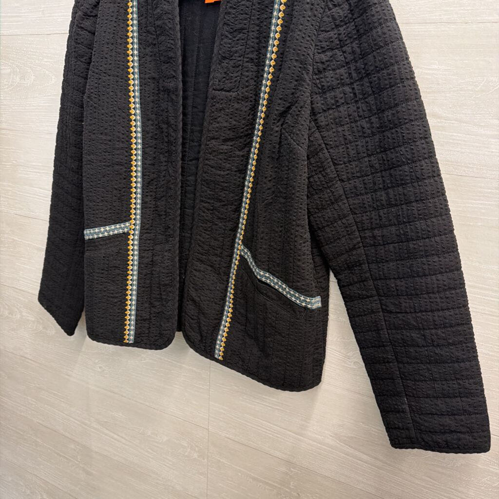 Pure Jill Black Textured Embroidered Detail Open Front Jacket Medium