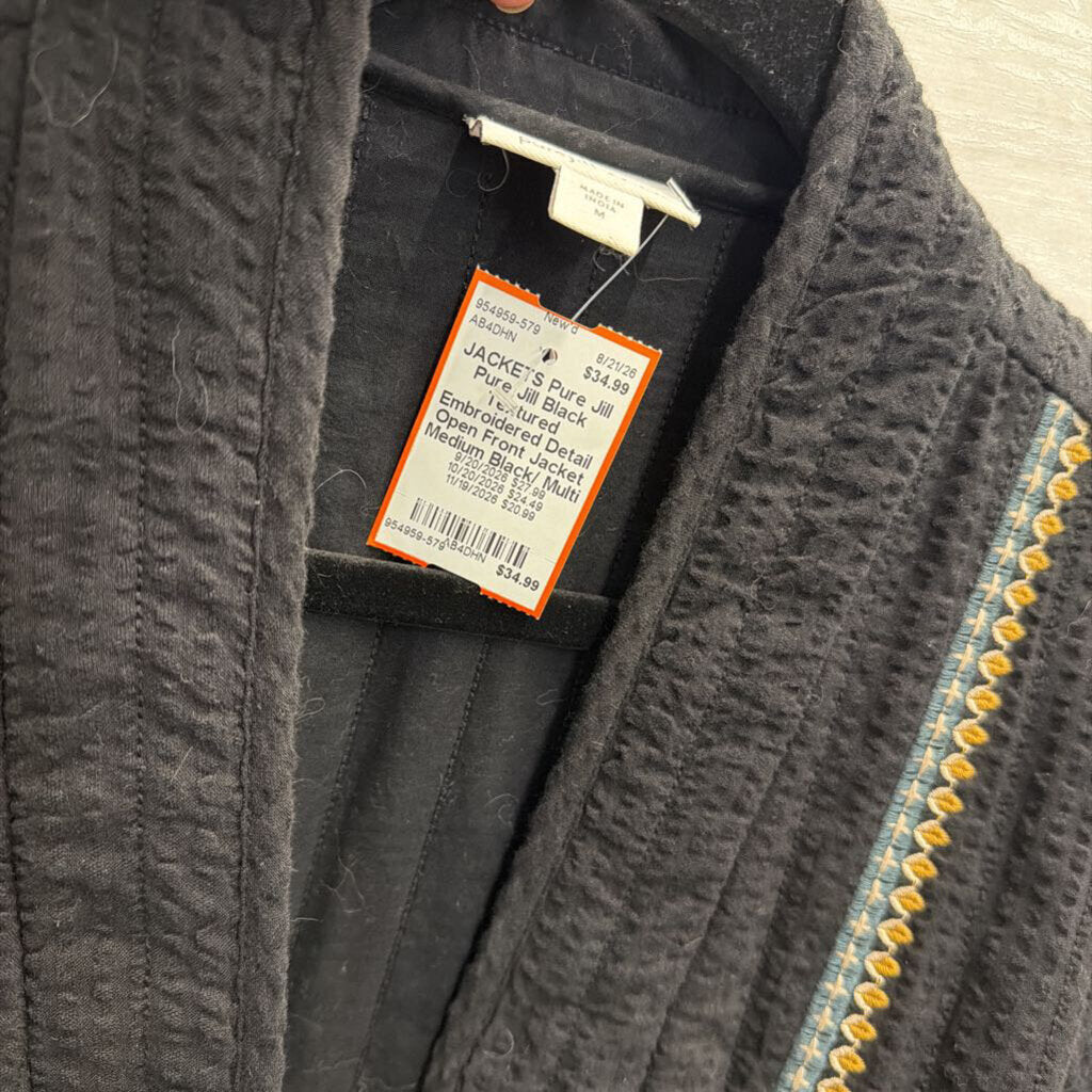 Pure Jill Black Textured Embroidered Detail Open Front Jacket Medium