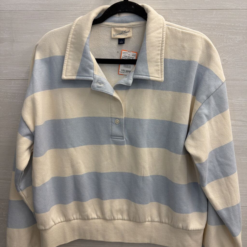 White/ Blue Striped Long Sleeve Henley Sweatshirt Large
