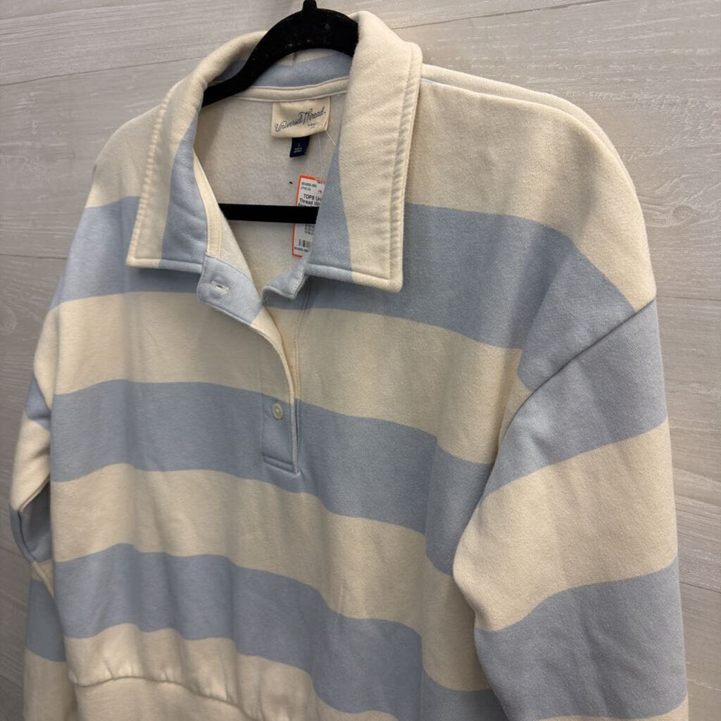 White/ Blue Striped Long Sleeve Henley Sweatshirt Large