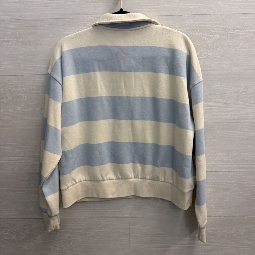 White/ Blue Striped Long Sleeve Henley Sweatshirt Large