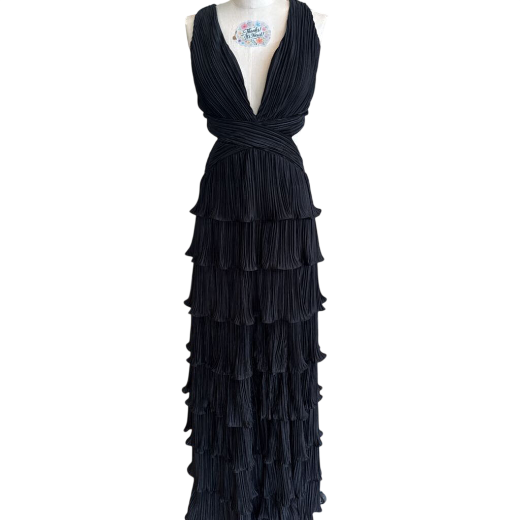 Lulus Black Pleated Tiered V Neck Long Formal Dress Medium