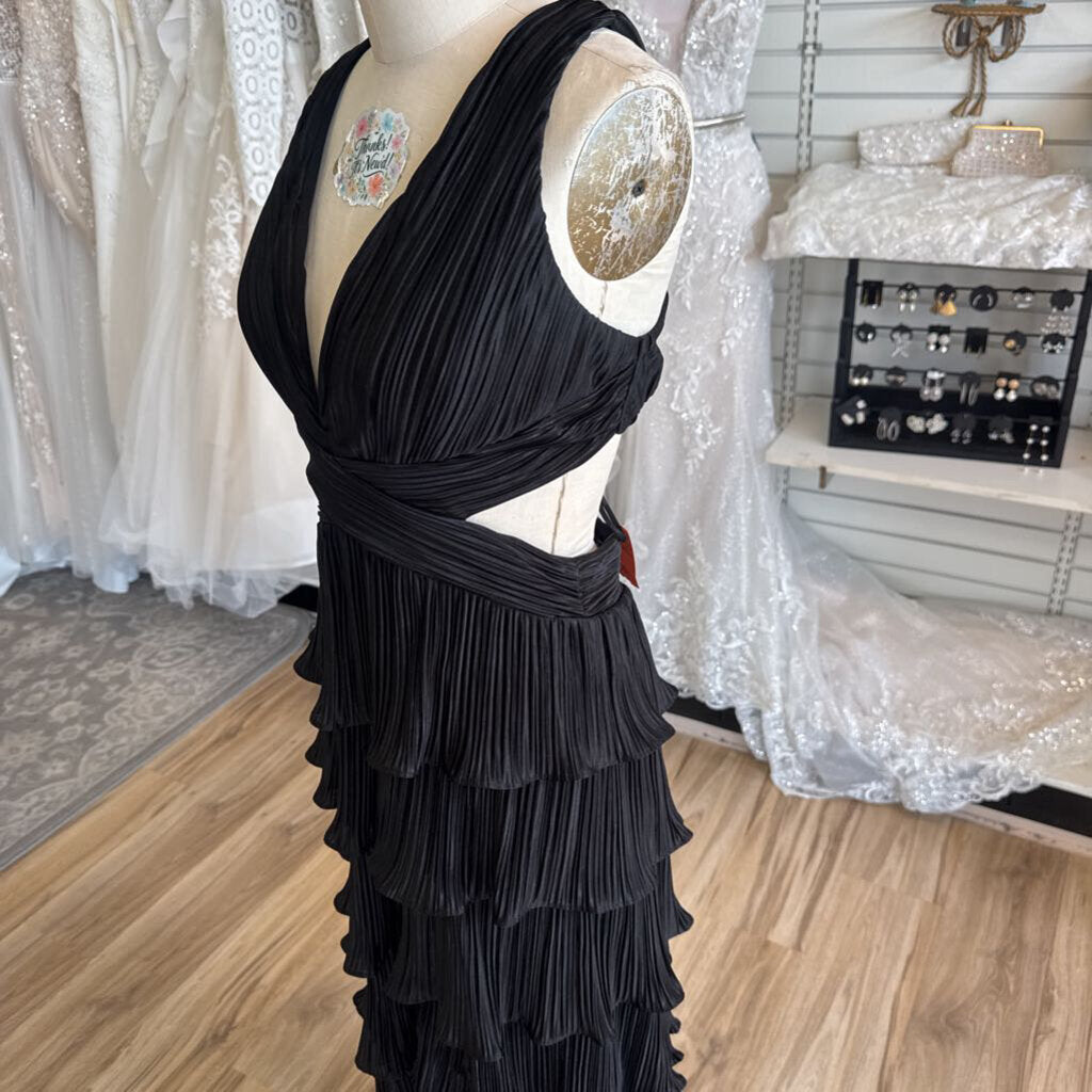 Lulus Black Pleated Tiered V Neck Long Formal Dress Medium