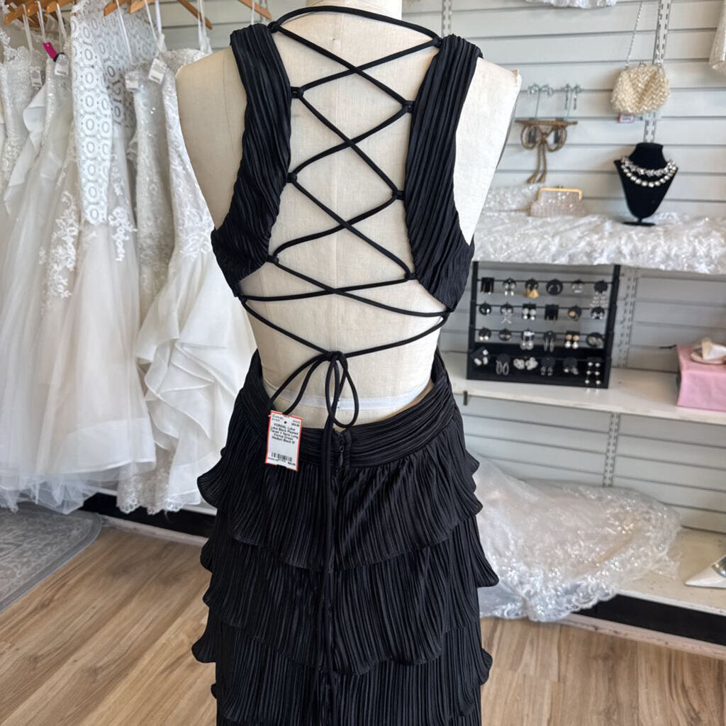 Lulus Black Pleated Tiered V Neck Long Formal Dress Medium
