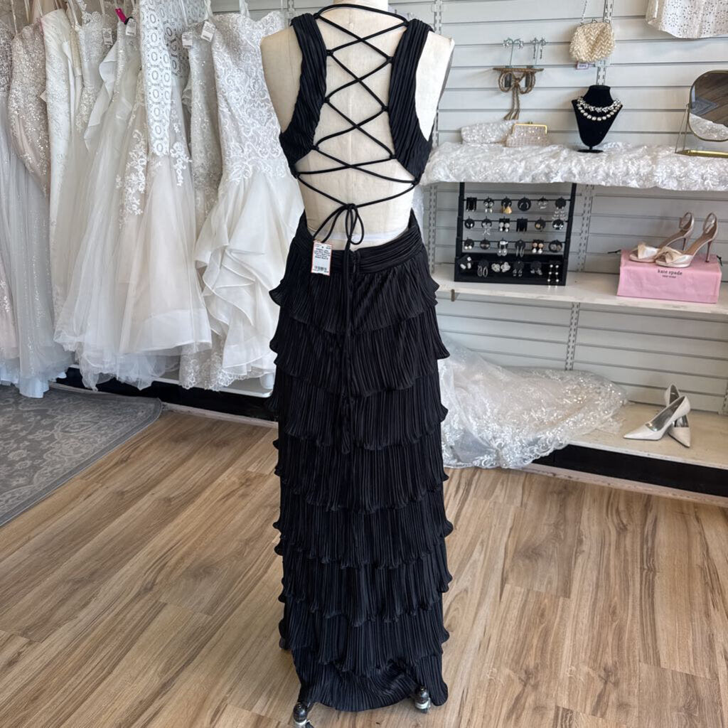 Lulus Black Pleated Tiered V Neck Long Formal Dress Medium