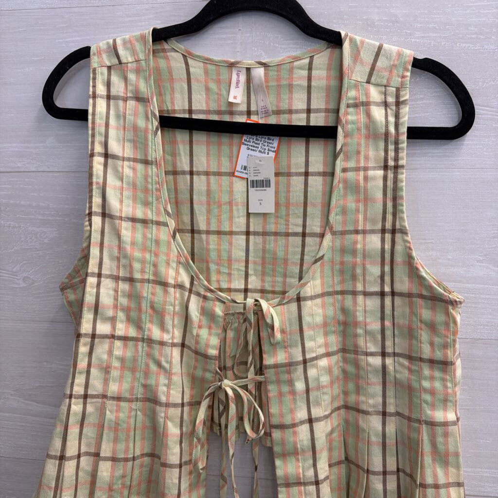 Lyre Bird Green/ Multi Plaid Tie Front Sleeveless Top Small