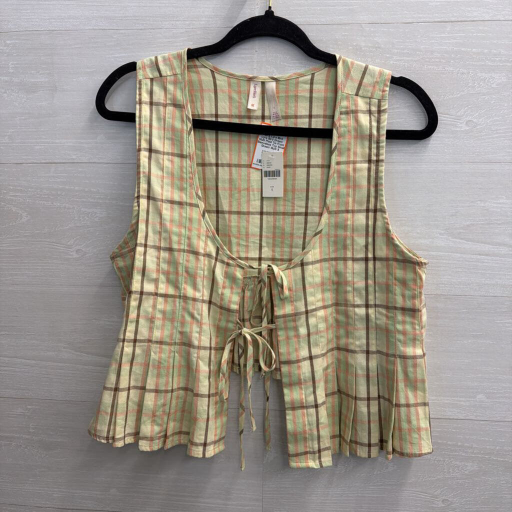 Lyre Bird Green/ Multi Plaid Tie Front Sleeveless Top Small