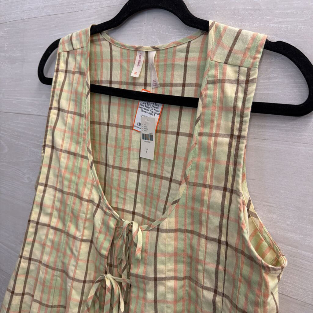 Lyre Bird Green/ Multi Plaid Tie Front Sleeveless Top Small