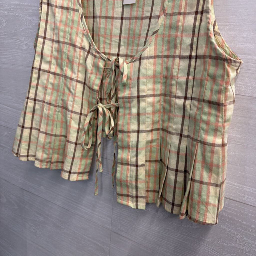 Lyre Bird Green/ Multi Plaid Tie Front Sleeveless Top Small