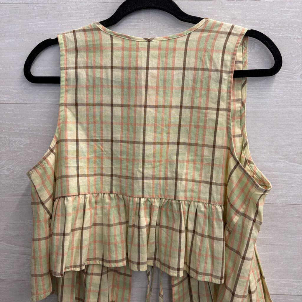 Lyre Bird Green/ Multi Plaid Tie Front Sleeveless Top Small