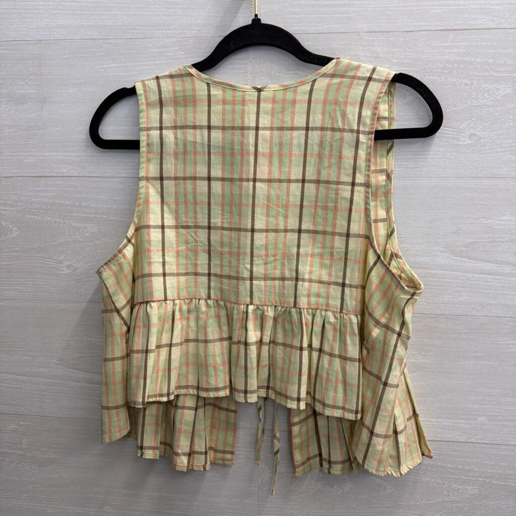 Lyre Bird Green/ Multi Plaid Tie Front Sleeveless Top Small