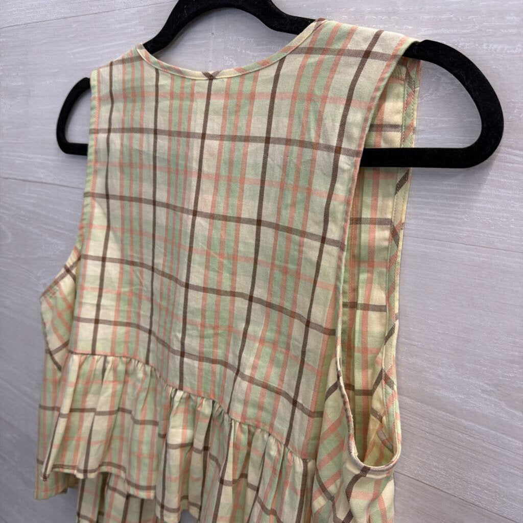 Lyre Bird Green/ Multi Plaid Tie Front Sleeveless Top Small