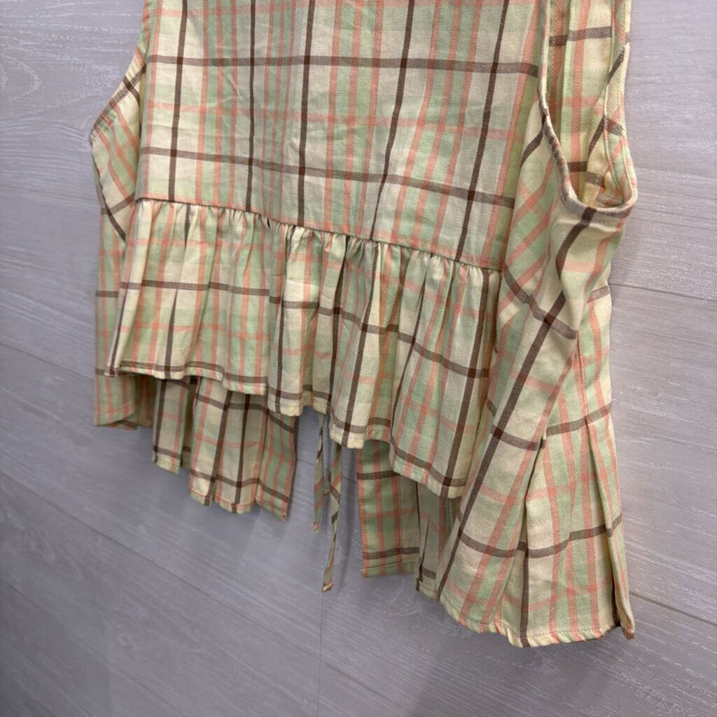 Lyre Bird Green/ Multi Plaid Tie Front Sleeveless Top Small