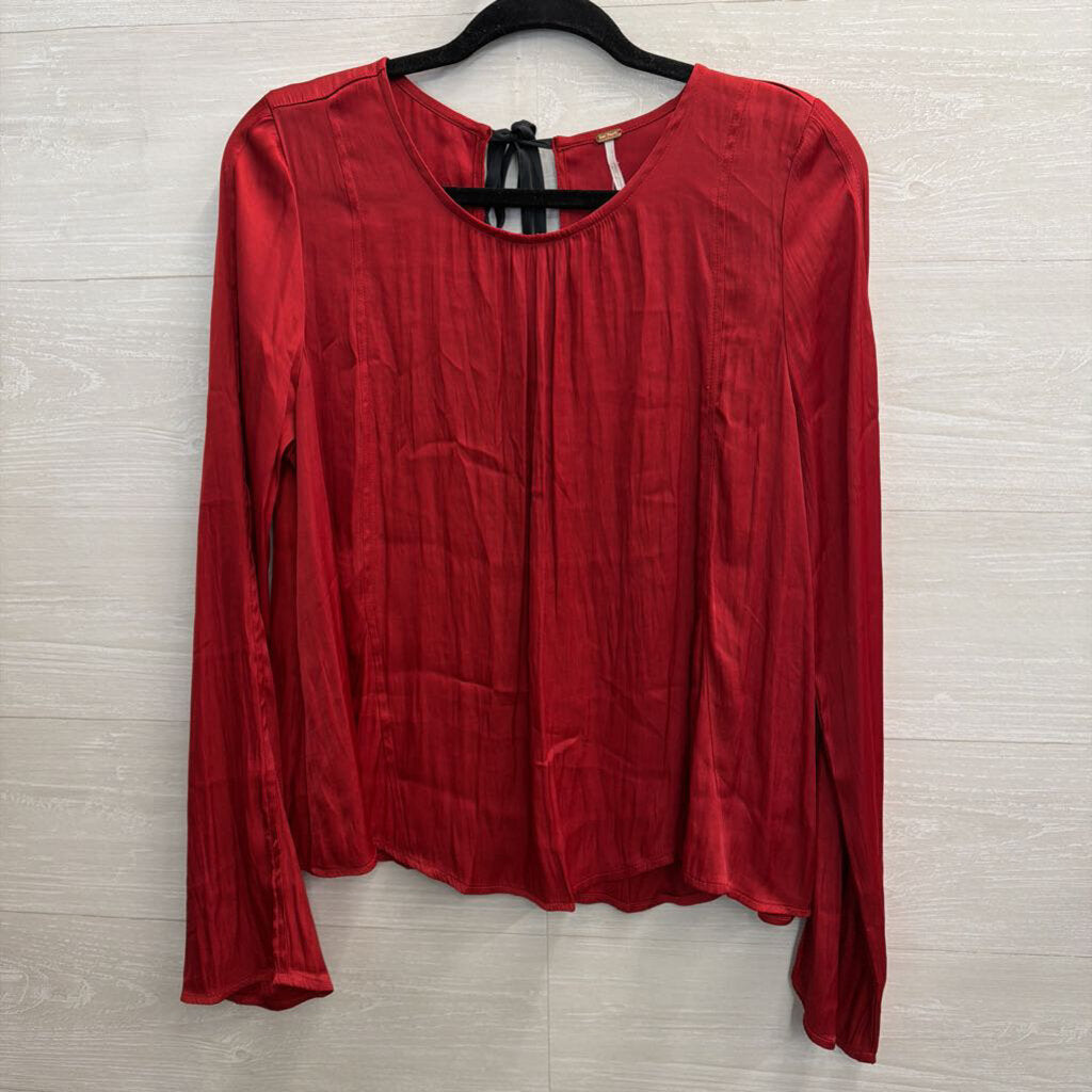 Free People Silky Red Long Sleeve Bow Tie Back Long Sleeve Top Medium