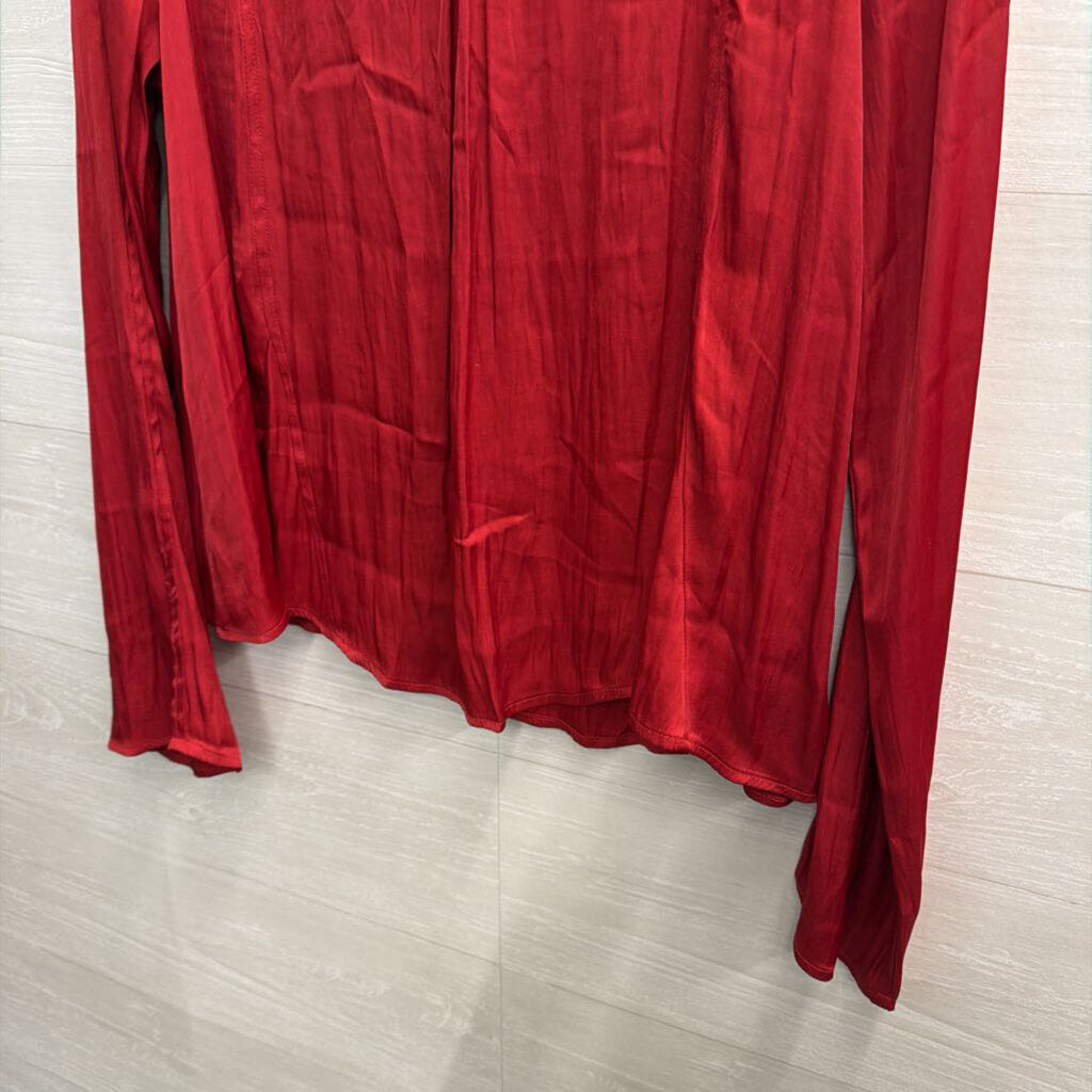 Free People Silky Red Long Sleeve Bow Tie Back Long Sleeve Top Medium