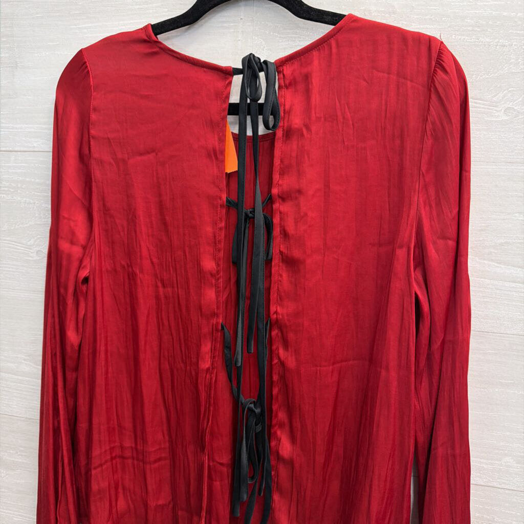 Free People Silky Red Long Sleeve Bow Tie Back Long Sleeve Top Medium