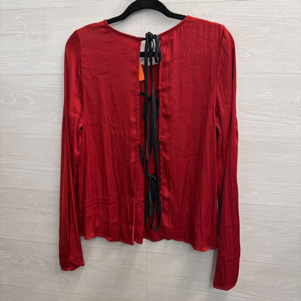 Free People Silky Red Long Sleeve Bow Tie Back Long Sleeve Top Medium