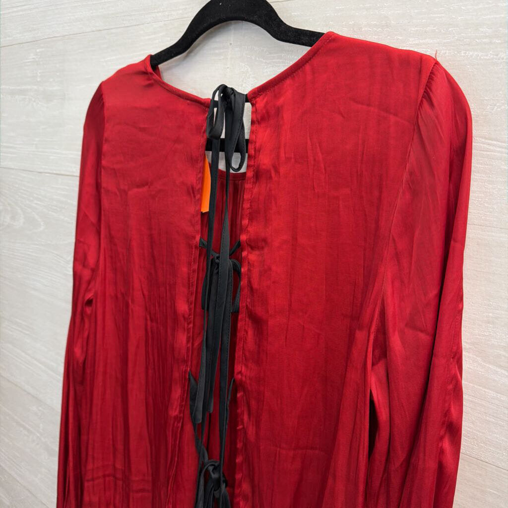 Free People Silky Red Long Sleeve Bow Tie Back Long Sleeve Top Medium